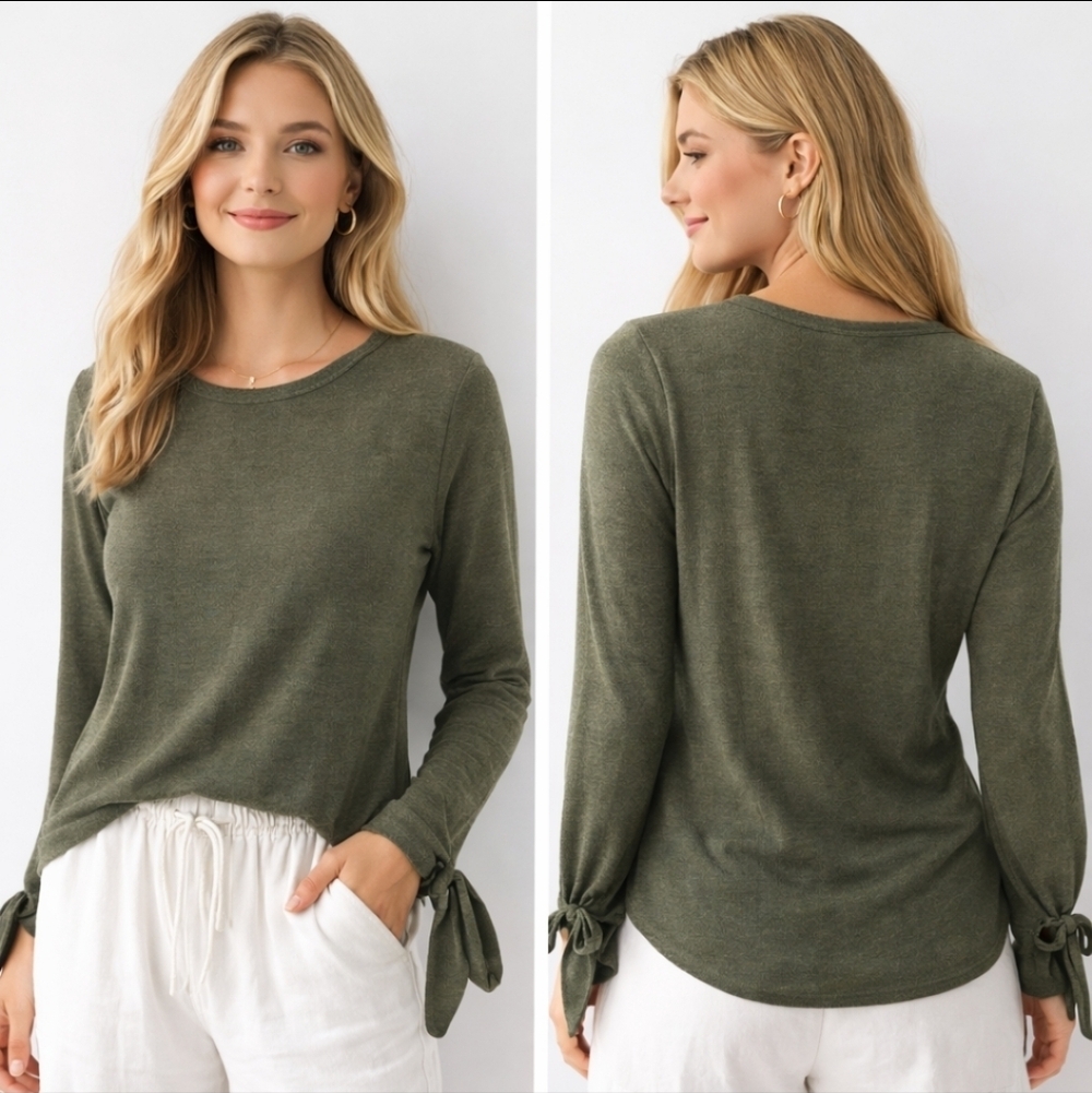 Lucky Brand Olive Tie Sleeve Top Boho Minimalist Quiet Luxury XS Petite